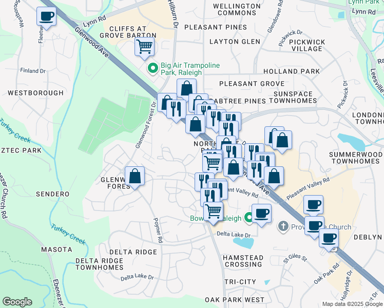 map of restaurants, bars, coffee shops, grocery stores, and more near 6221 Darwin Court in Raleigh