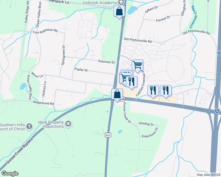 map of restaurants, bars, coffee shops, grocery stores, and more near 101 Moss Lane in Franklin