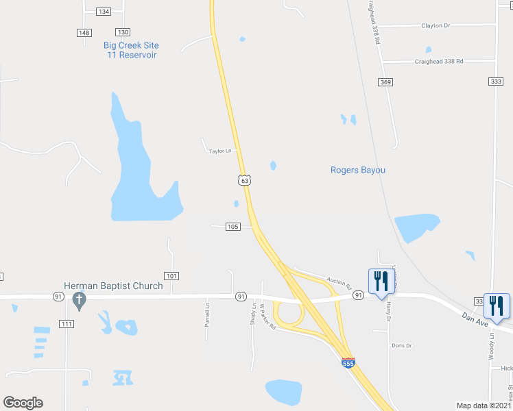 map of restaurants, bars, coffee shops, grocery stores, and more near 7556 Highway 63 in Bono