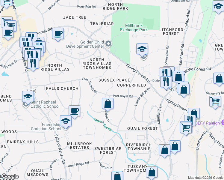 map of restaurants, bars, coffee shops, grocery stores, and more near 2005 Port Royal Road in Raleigh