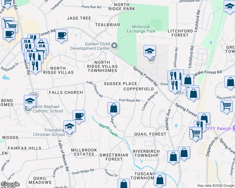 map of restaurants, bars, coffee shops, grocery stores, and more near 2005 Port Royal Road in Raleigh