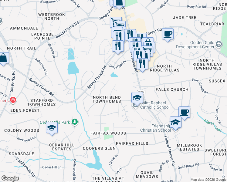 map of restaurants, bars, coffee shops, grocery stores, and more near 5913 Applewood Lane in Raleigh