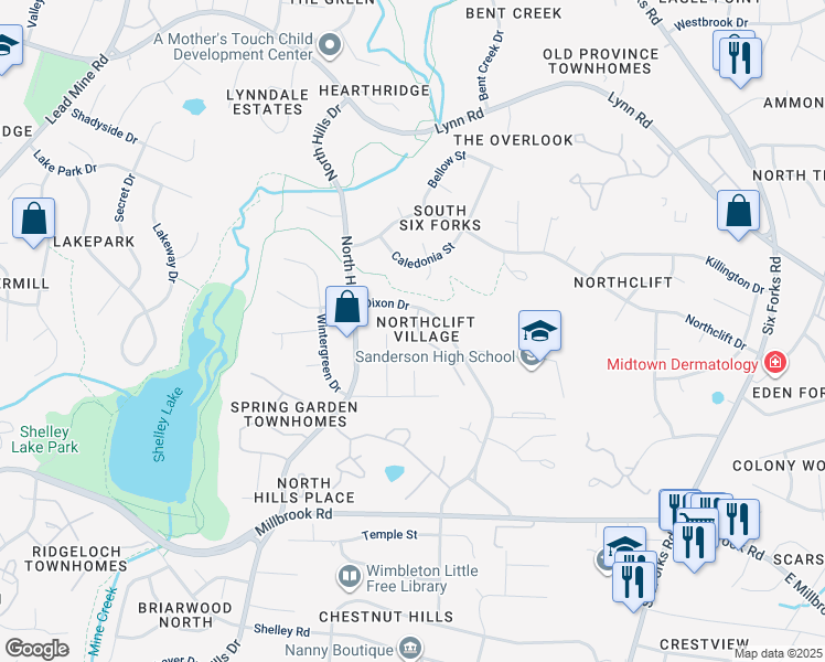 map of restaurants, bars, coffee shops, grocery stores, and more near 6013 Dixon Drive in Raleigh