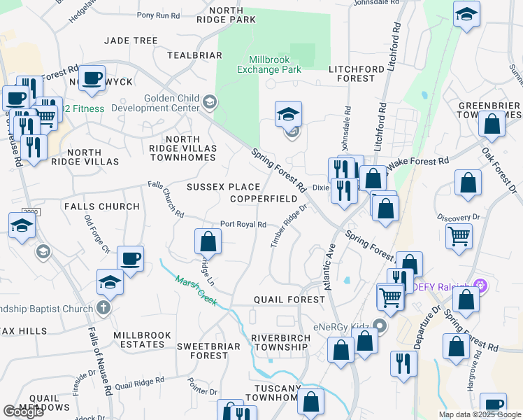 map of restaurants, bars, coffee shops, grocery stores, and more near 2108 Quail Ridge Road in Raleigh