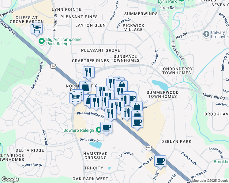 map of restaurants, bars, coffee shops, grocery stores, and more near 6600 Glenwood Avenue in Raleigh