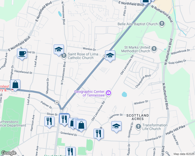map of restaurants, bars, coffee shops, grocery stores, and more near 1540 New Lascassas Highway in Murfreesboro