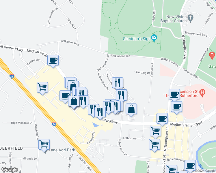 map of restaurants, bars, coffee shops, grocery stores, and more near 1304 Robert Rose Drive in Murfreesboro