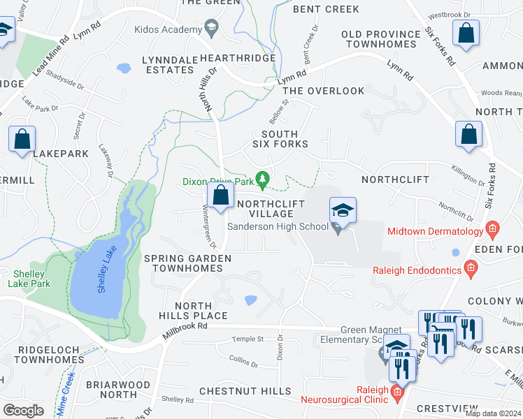 map of restaurants, bars, coffee shops, grocery stores, and more near 6013 Dixon Drive in Raleigh
