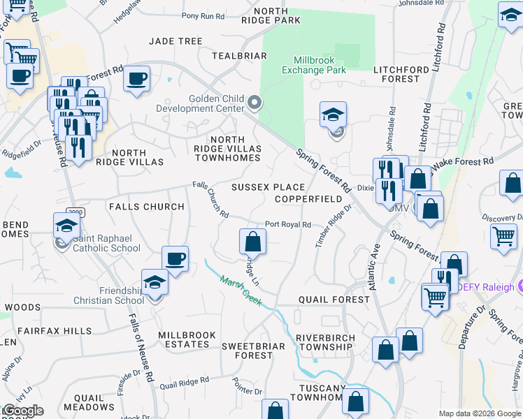 map of restaurants, bars, coffee shops, grocery stores, and more near 2005 Port Royal Road in Raleigh