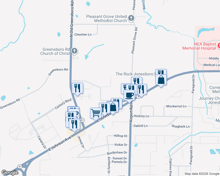 map of restaurants, bars, coffee shops, grocery stores, and more near 1811 Pearl Drive in Jonesboro