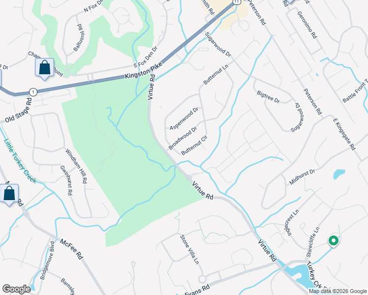 map of restaurants, bars, coffee shops, grocery stores, and more near 12308 Butternut Circle in Knoxville