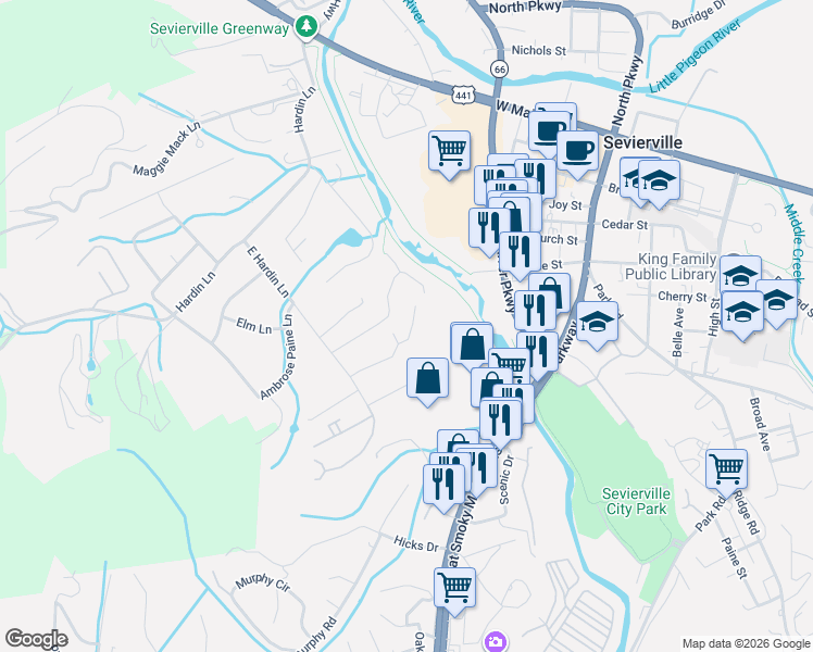 map of restaurants, bars, coffee shops, grocery stores, and more near 428 Larkspur Way in Sevierville