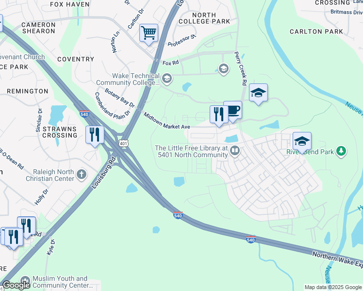 map of restaurants, bars, coffee shops, grocery stores, and more near 5100 Beardall Street in Raleigh