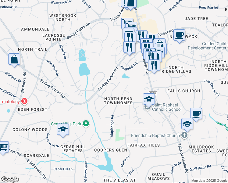 map of restaurants, bars, coffee shops, grocery stores, and more near 5918 Whitebud Drive in Raleigh