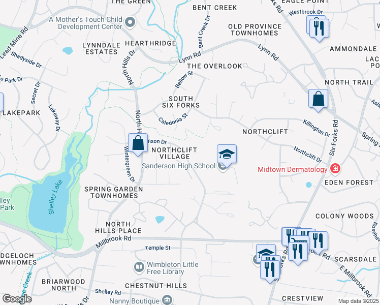 map of restaurants, bars, coffee shops, grocery stores, and more near 6008 Dixon Drive in Raleigh