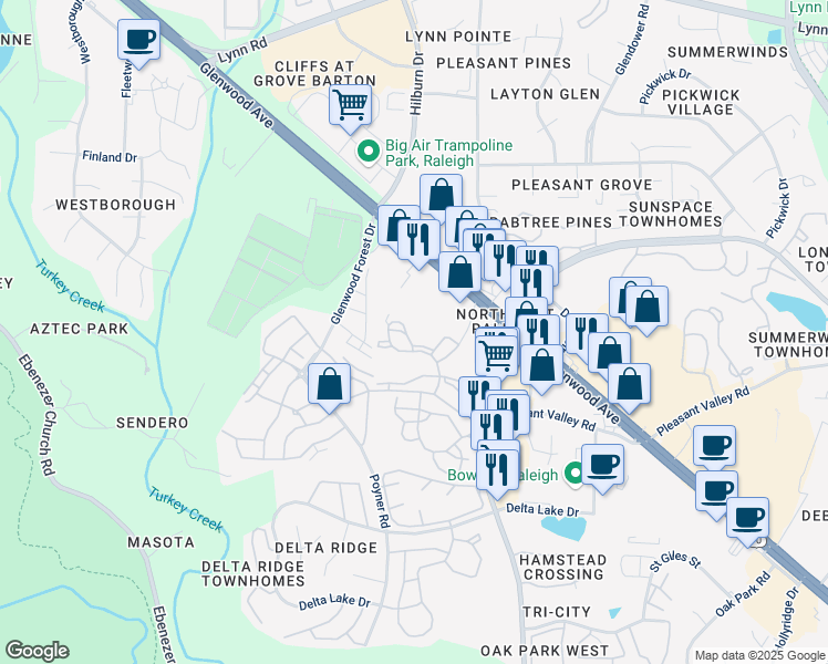 map of restaurants, bars, coffee shops, grocery stores, and more near 6300 Chadford Drive in Raleigh