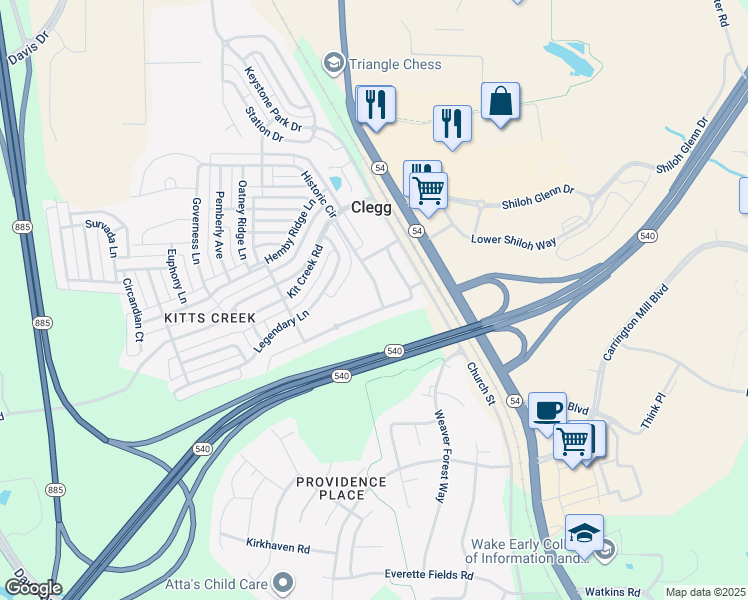 map of restaurants, bars, coffee shops, grocery stores, and more near 253 Durants Neck Lane in Morrisville
