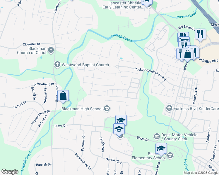 map of restaurants, bars, coffee shops, grocery stores, and more near 4407 Mordecai Avenue in Murfreesboro