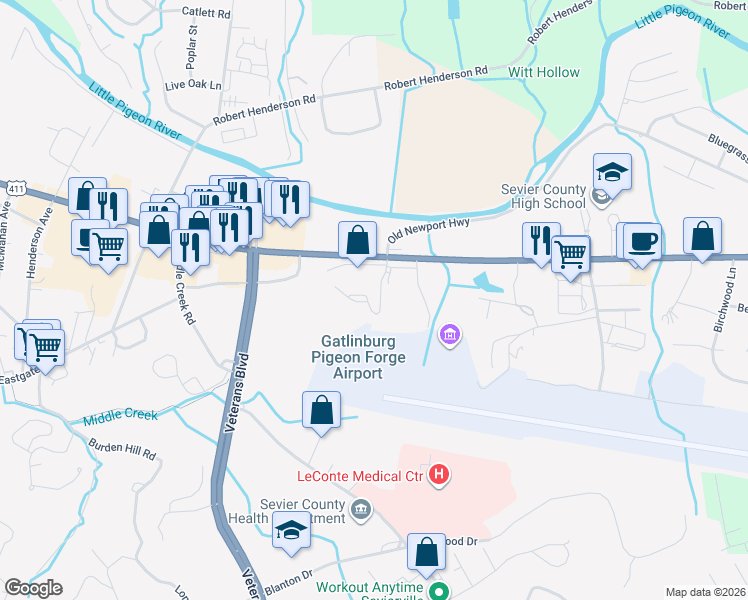 map of restaurants, bars, coffee shops, grocery stores, and more near 167 Victorias Landing in Sevierville