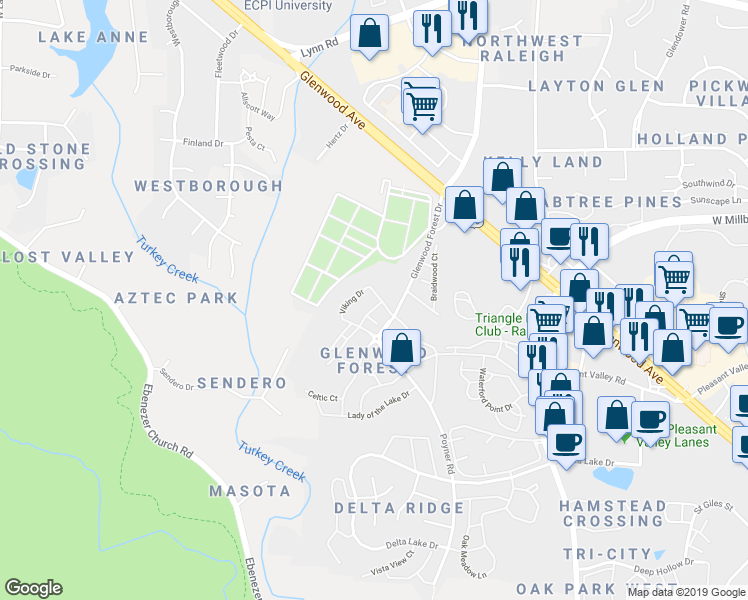 map of restaurants, bars, coffee shops, grocery stores, and more near 6053 History TR in Raleigh