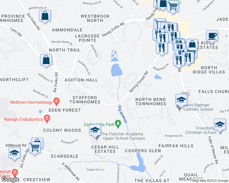 map of restaurants, bars, coffee shops, grocery stores, and more near 6101 Shanda Drive in Raleigh