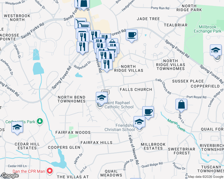 map of restaurants, bars, coffee shops, grocery stores, and more near 5804 Falls of Neuse Road in Raleigh