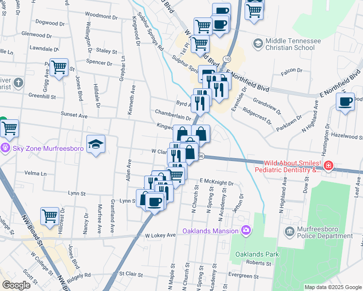 map of restaurants, bars, coffee shops, grocery stores, and more near 1331 Memorial Boulevard in Murfreesboro