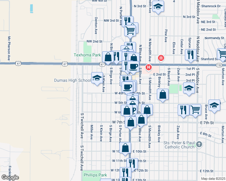 map of restaurants, bars, coffee shops, grocery stores, and more near 408 South Birge Avenue in Dumas