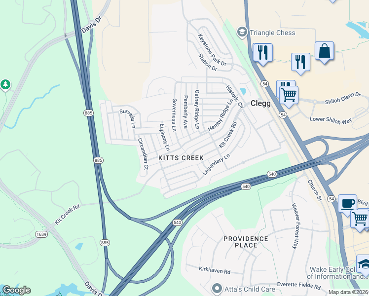 map of restaurants, bars, coffee shops, grocery stores, and more near 1517 Hemby Ridge Lane in Morrisville