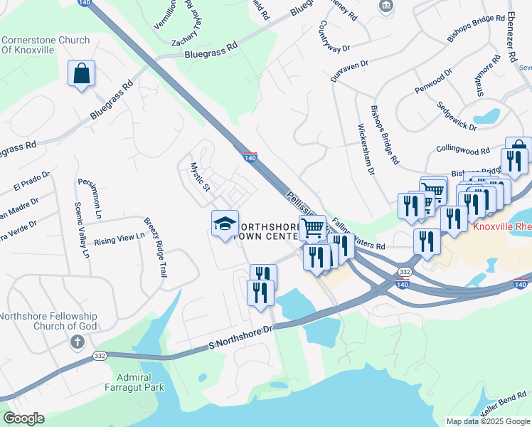 map of restaurants, bars, coffee shops, grocery stores, and more near 1900 Town Center Boulevard in Knoxville