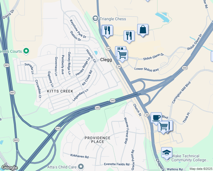map of restaurants, bars, coffee shops, grocery stores, and more near 1005 Historic Circle in Morrisville