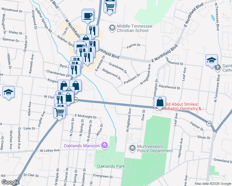 map of restaurants, bars, coffee shops, grocery stores, and more near 406 Eventide Drive in Murfreesboro