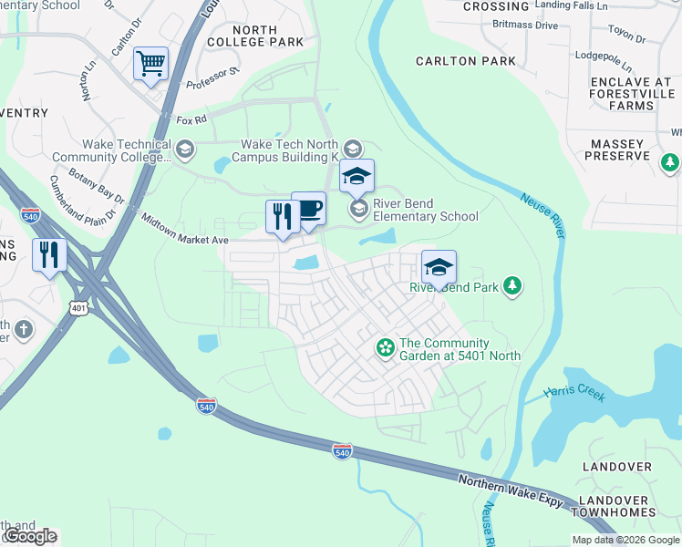 map of restaurants, bars, coffee shops, grocery stores, and more near 5500 Beardall Street in Raleigh