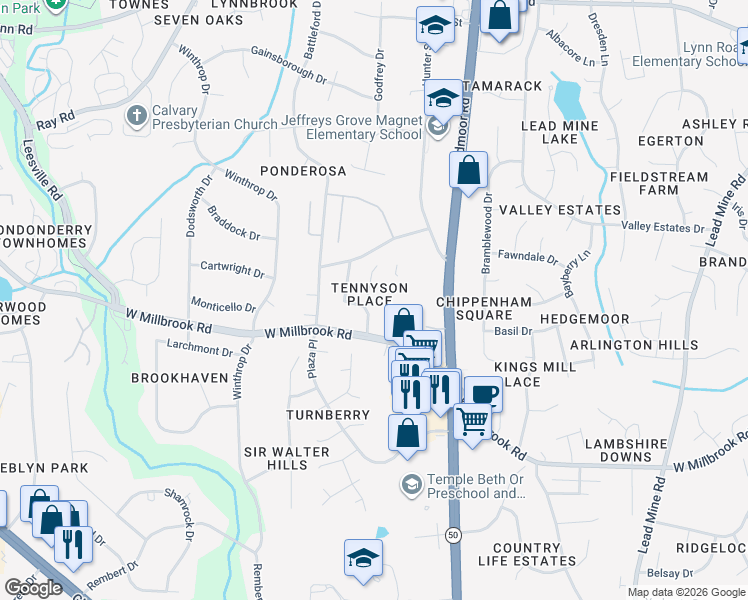 map of restaurants, bars, coffee shops, grocery stores, and more near 5712 Light Brigade Lane in Raleigh