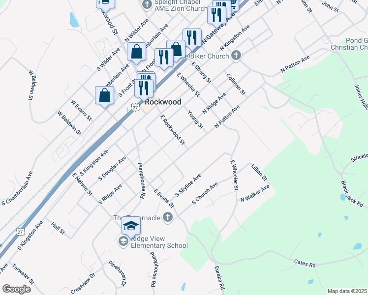 map of restaurants, bars, coffee shops, grocery stores, and more near 102 North Patton Avenue in Rockwood