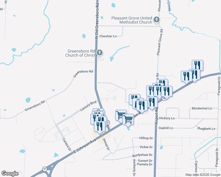 map of restaurants, bars, coffee shops, grocery stores, and more near 3423 Hudson Drive in Jonesboro