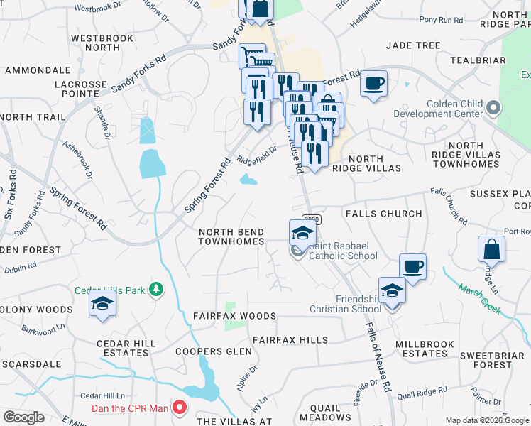 map of restaurants, bars, coffee shops, grocery stores, and more near 5815 Faringdon Place in Raleigh