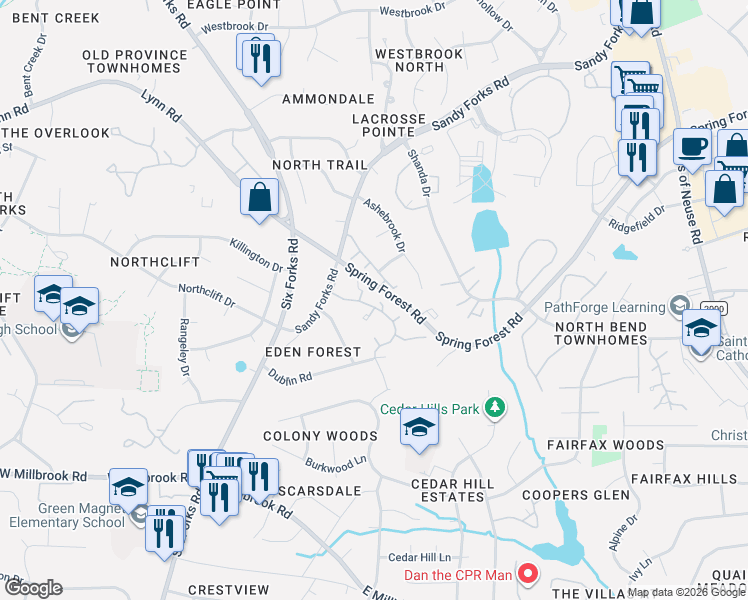 map of restaurants, bars, coffee shops, grocery stores, and more near 6011 Tenter Banks Square in Raleigh