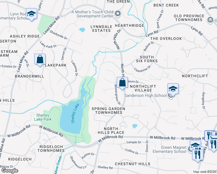 map of restaurants, bars, coffee shops, grocery stores, and more near 1105 Whippoorwill Lane in Raleigh