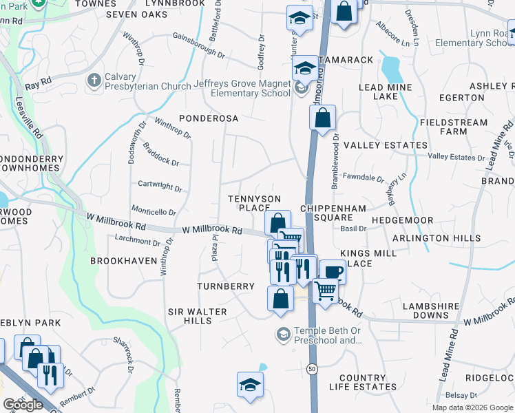 map of restaurants, bars, coffee shops, grocery stores, and more near 5712 Light Brigade Lane in Raleigh