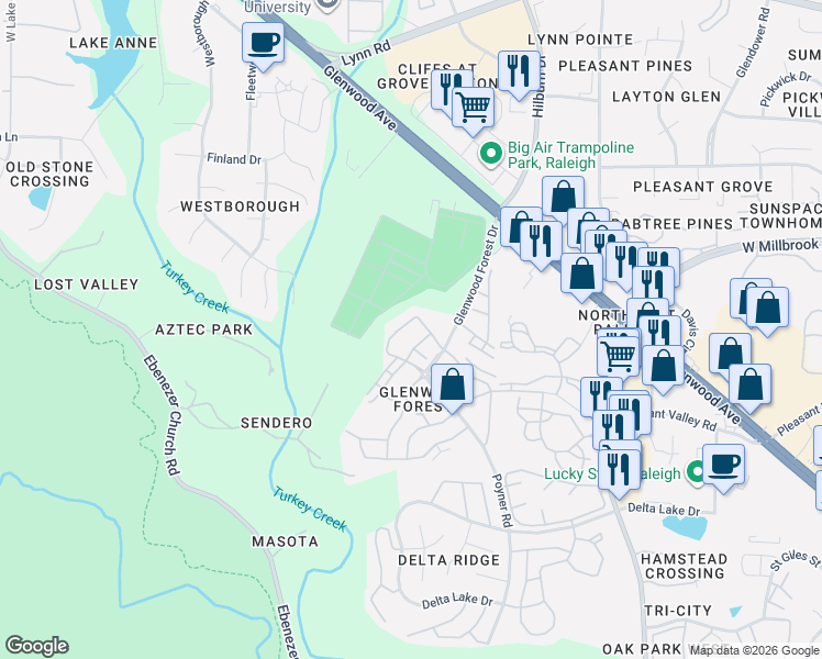 map of restaurants, bars, coffee shops, grocery stores, and more near 6053 History TR in Raleigh