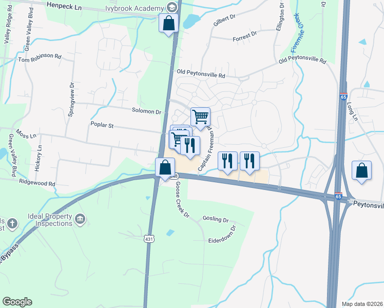 map of restaurants, bars, coffee shops, grocery stores, and more near 3021 Captain Freeman Parkway in Franklin
