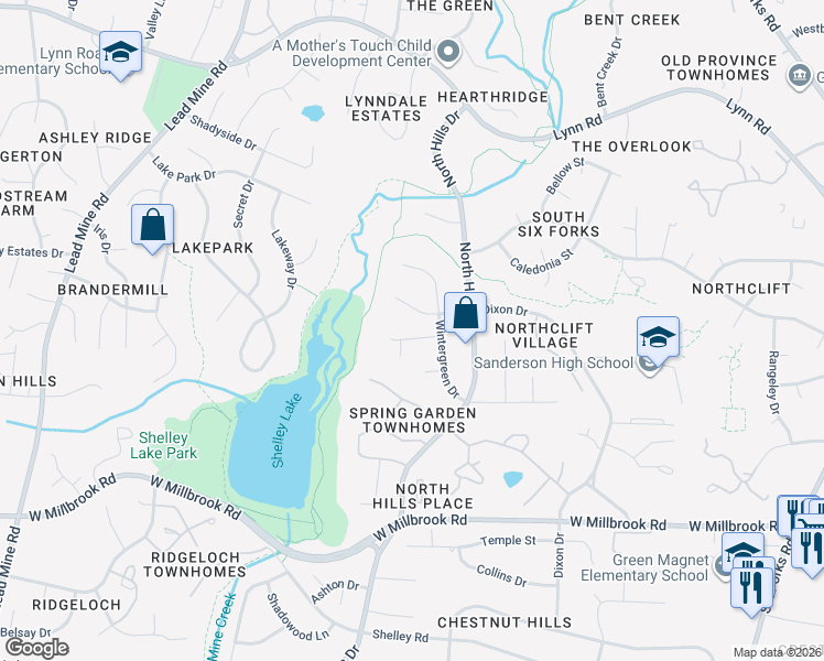 map of restaurants, bars, coffee shops, grocery stores, and more near 1105 Whippoorwill Lane in Raleigh