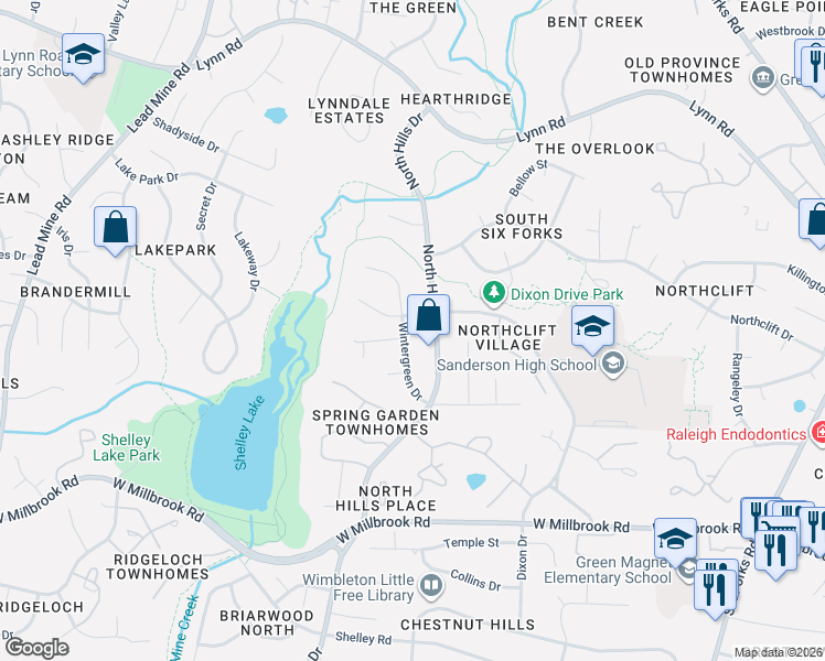 map of restaurants, bars, coffee shops, grocery stores, and more near 1105 Whippoorwill Lane in Raleigh