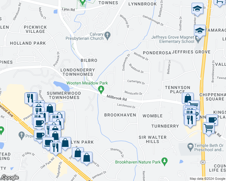 map of restaurants, bars, coffee shops, grocery stores, and more near 6008 Belgreen Court in Raleigh