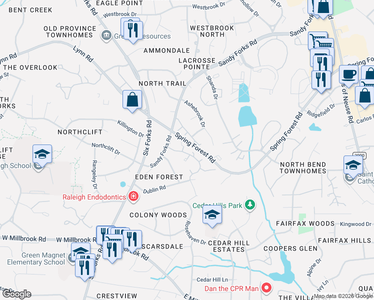 map of restaurants, bars, coffee shops, grocery stores, and more near 6011 Tenter Banks Square in Raleigh