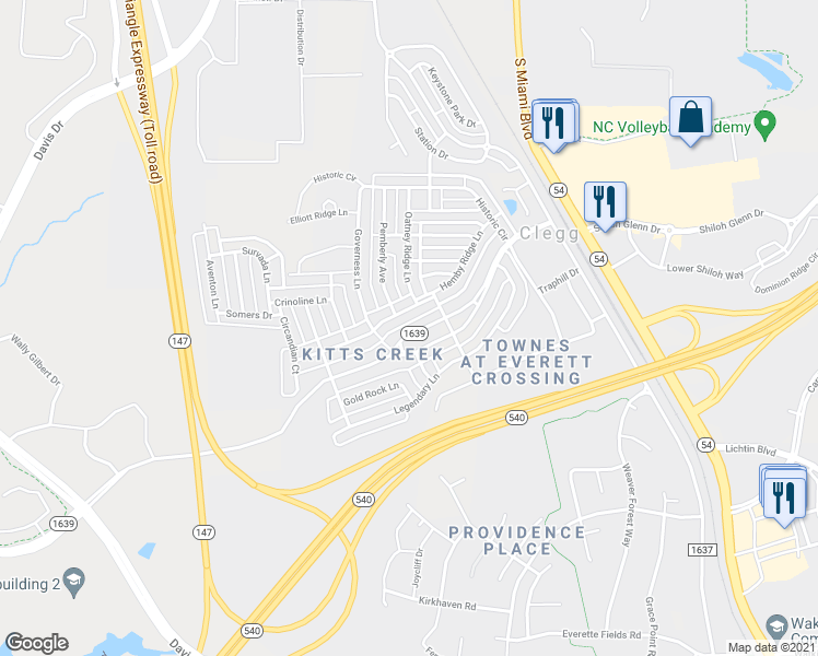 map of restaurants, bars, coffee shops, grocery stores, and more near 6333 Kit Creek Road in Morrisville