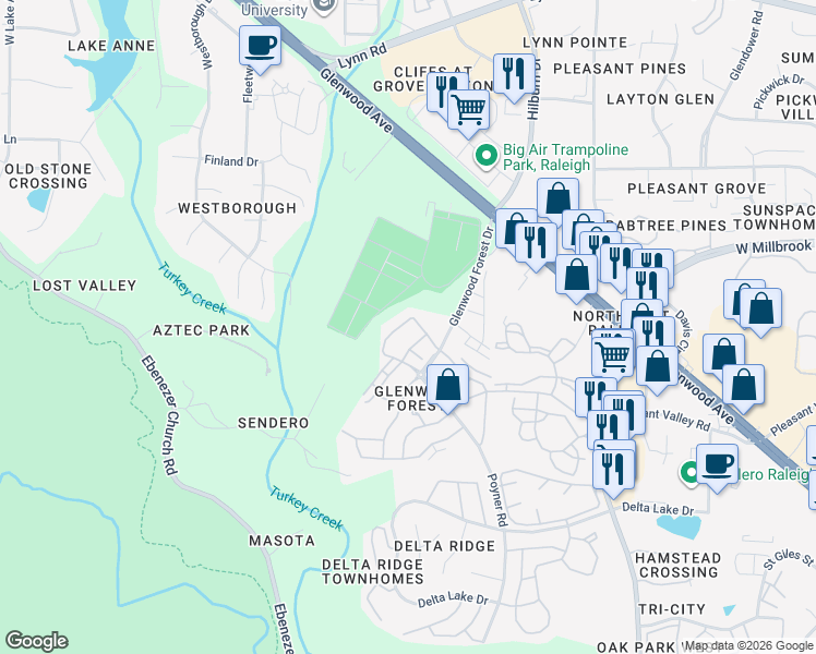 map of restaurants, bars, coffee shops, grocery stores, and more near 6062 Viking Drive in Raleigh