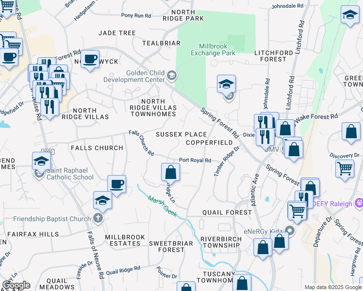 map of restaurants, bars, coffee shops, grocery stores, and more near 2116 Treverton Place in Raleigh