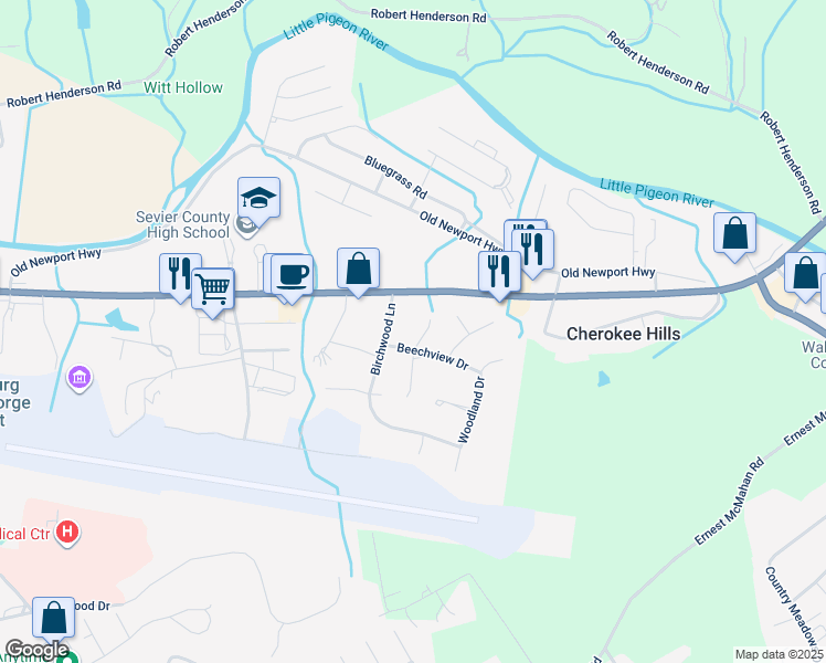 map of restaurants, bars, coffee shops, grocery stores, and more near 109 Hemlock Court in Sevierville